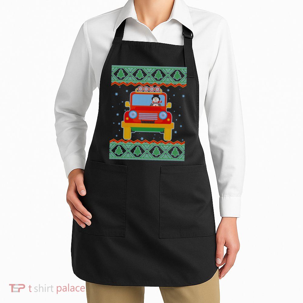 Driving Snowman Truck Ugly Christmas Sweater Apron