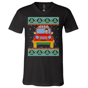 Driving Snowman Truck Ugly Christmas Sweater V-Neck T-Shirt