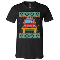 Driving Snowman Truck Ugly Christmas Sweater V-Neck T-Shirt