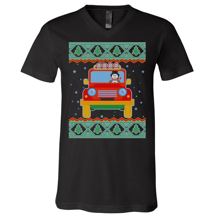 Driving Snowman Truck Ugly Christmas Sweater V-Neck T-Shirt