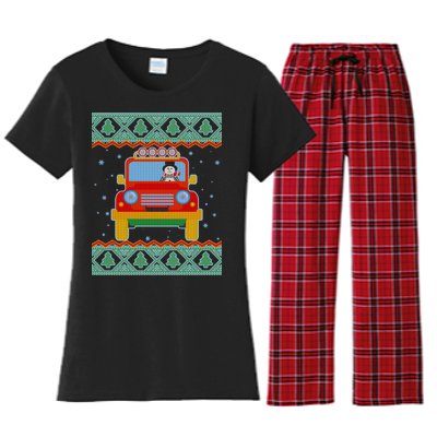 Driving Snowman Truck Ugly Christmas Sweater Women's Flannel Pajama Set