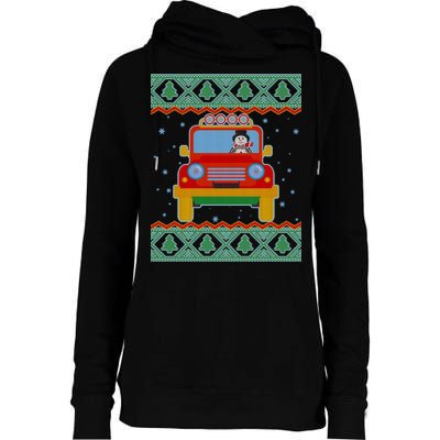 Driving Snowman Truck Ugly Christmas Sweater Womens Funnel Neck Pullover Hood