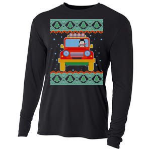 Driving Snowman Truck Ugly Christmas Sweater Cooling Performance Long Sleeve Crew