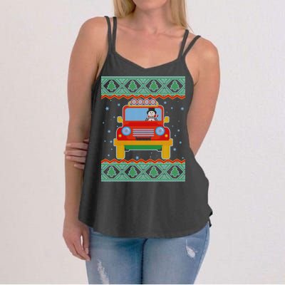 Driving Snowman Truck Ugly Christmas Sweater Women's Strappy Tank