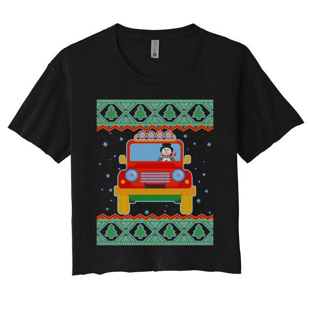 Driving Snowman Truck Ugly Christmas Sweater Crop Top