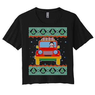 Driving Snowman Truck Ugly Christmas Sweater Women's Crop Top Tee