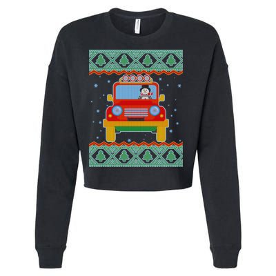 Driving Snowman Truck Ugly Christmas Sweater Cropped Pullover Crew