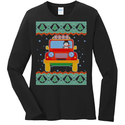 Driving Snowman Truck Ugly Christmas Sweater Ladies Long Sleeve Shirt