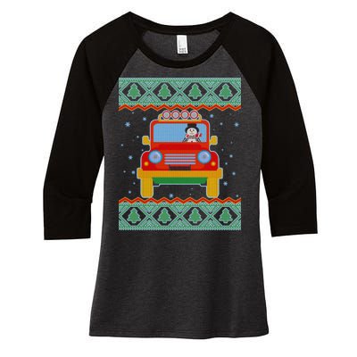 Driving Snowman Truck Ugly Christmas Sweater Women's Tri-Blend 3/4-Sleeve Raglan Shirt