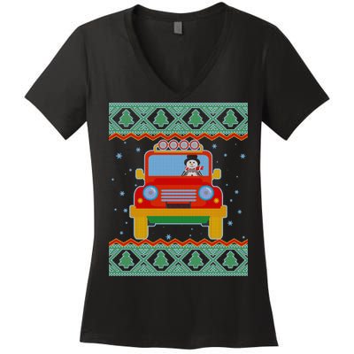 Driving Snowman Truck Ugly Christmas Sweater Women's V-Neck T-Shirt