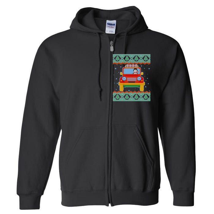 Driving Snowman Truck Ugly Christmas Sweater Full Zip Hoodie