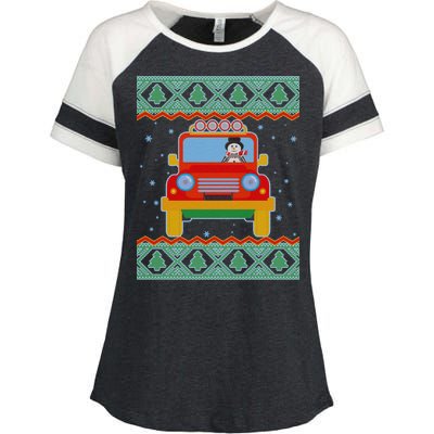 Driving Snowman Truck Ugly Christmas Sweater Enza Ladies Jersey Colorblock Tee