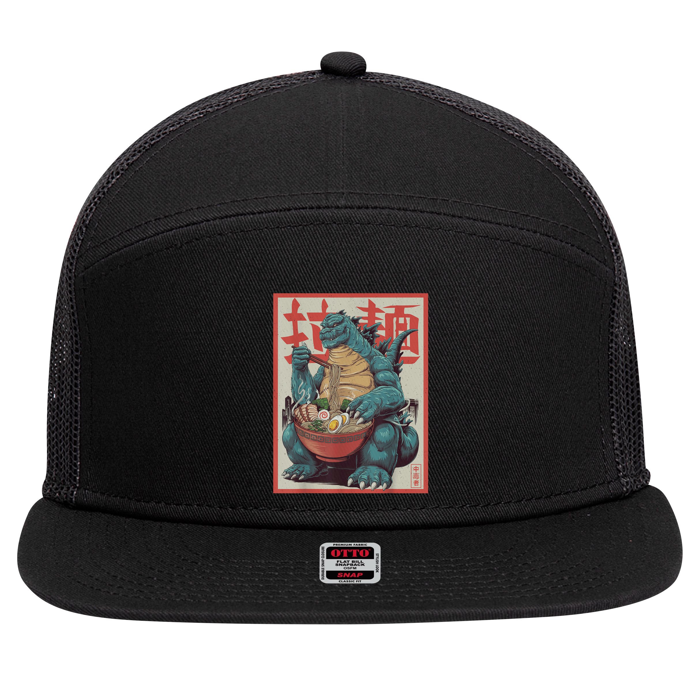 Dinosaur Ramen Japanese Art Graphic Kawaii Monster Anime 7 Panel Mesh Trucker Snapback Hat