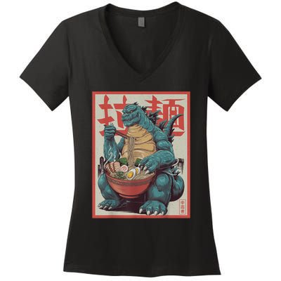 Dinosaur Ramen Japanese Art Graphic Kawaii Monster Anime Women's V-Neck T-Shirt