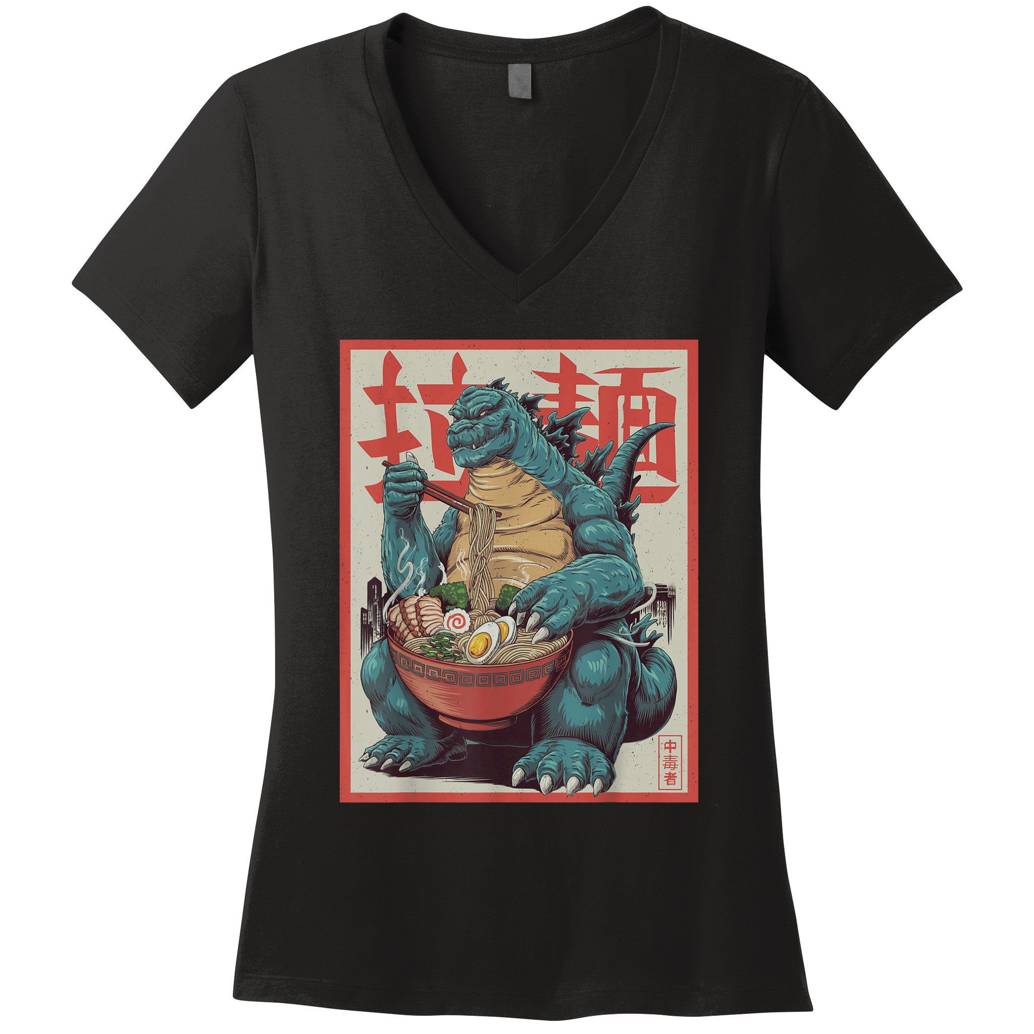 Dinosaur Ramen Japanese Art Graphic Kawaii Monster Anime Women's V-Neck T-Shirt