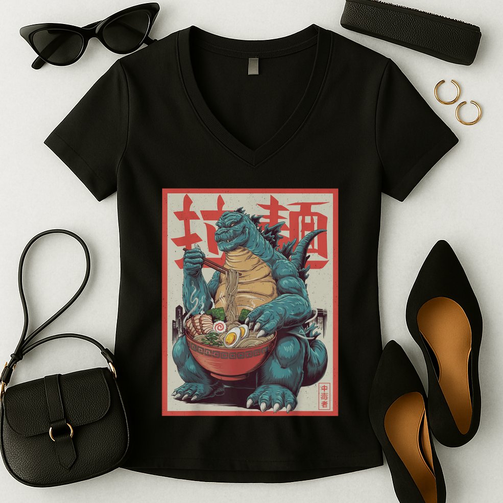 Dinosaur Ramen Japanese Art Graphic Kawaii Monster Anime Women's V-Neck T-Shirt