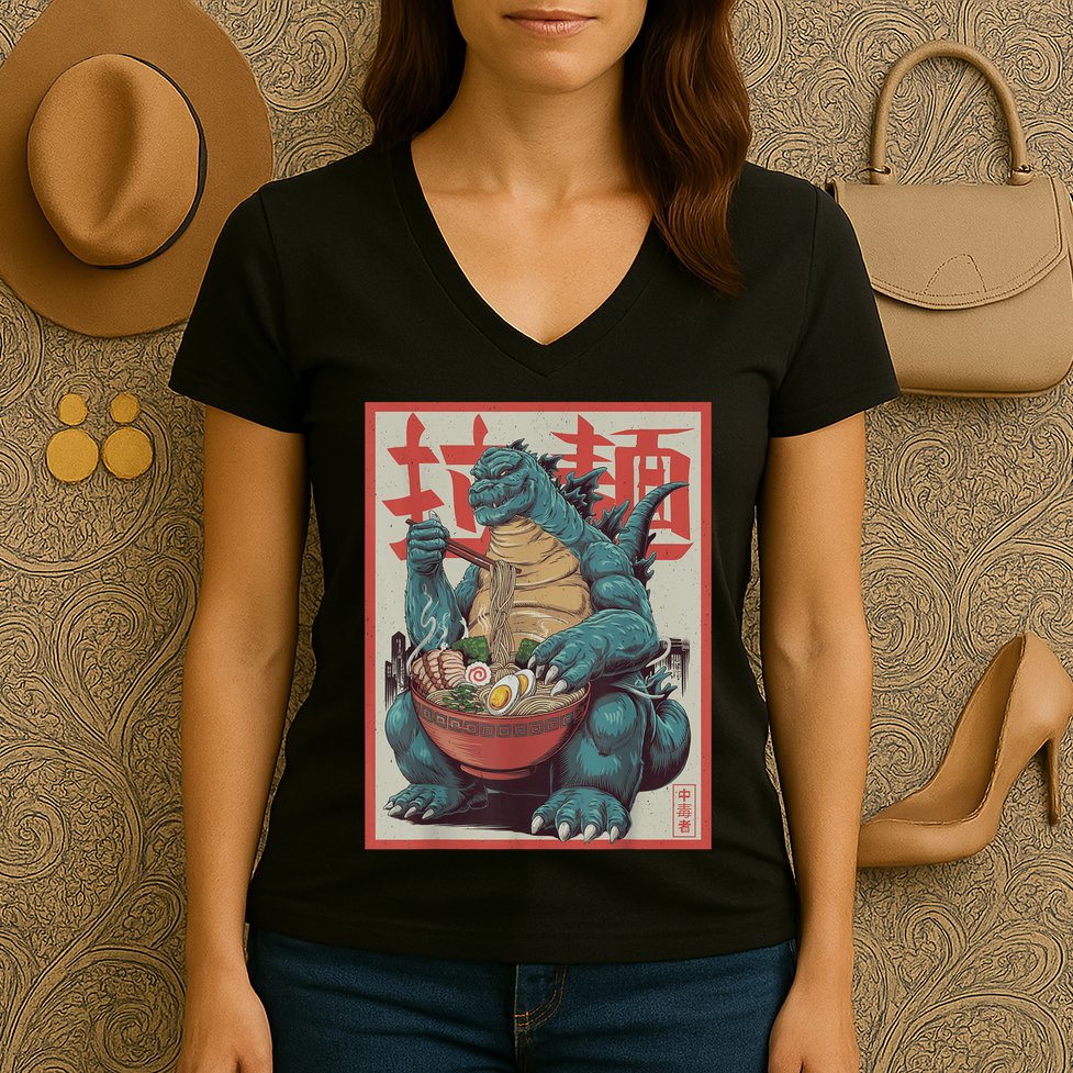 Dinosaur Ramen Japanese Art Graphic Kawaii Monster Anime Women's V-Neck T-Shirt