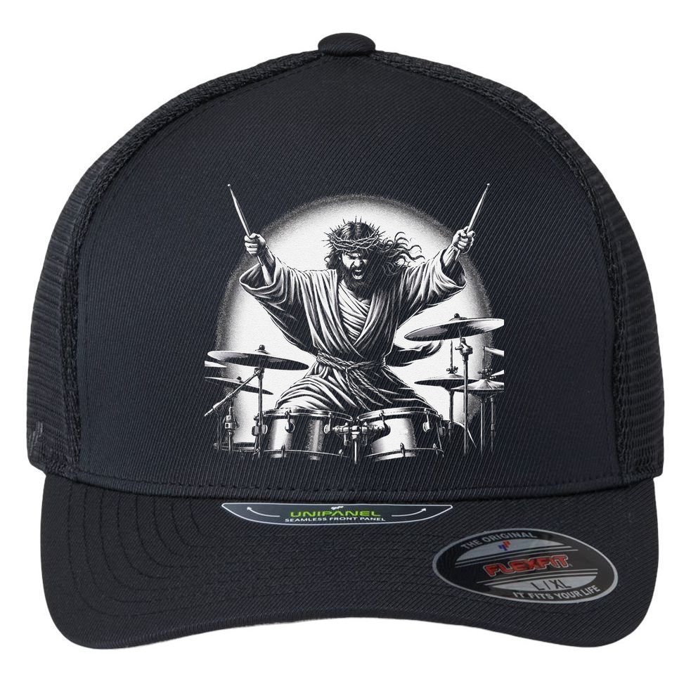 Drummer Rock Jesus Drumming Flexfit Unipanel Trucker Cap