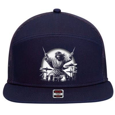 Drummer Rock Jesus Drumming 7 Panel Mesh Trucker Snapback Hat