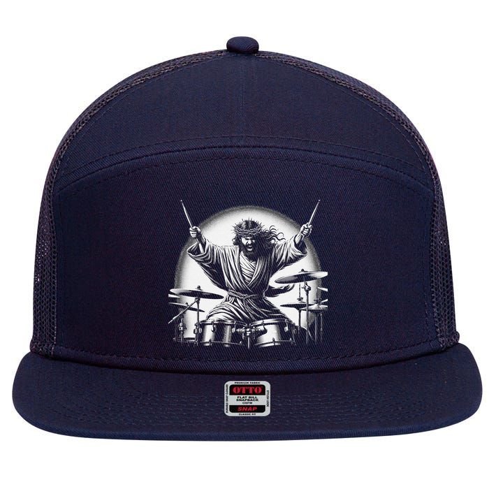 Drummer Rock Jesus Drumming 7 Panel Mesh Trucker Snapback Hat