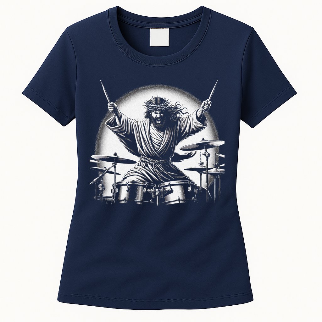 Drummer Rock Jesus Drumming Womens T-Shirt