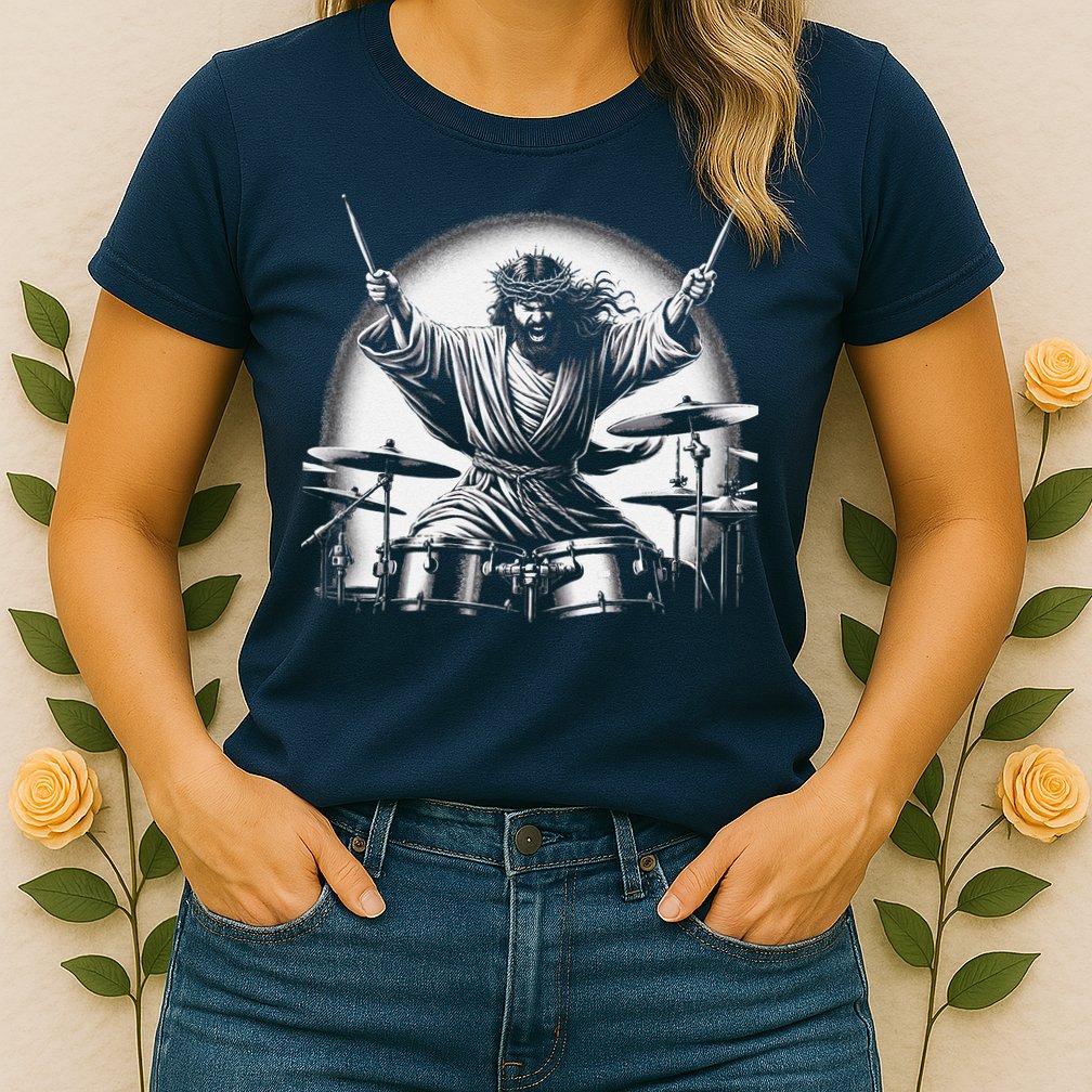 Drummer Rock Jesus Drumming Womens T-Shirt