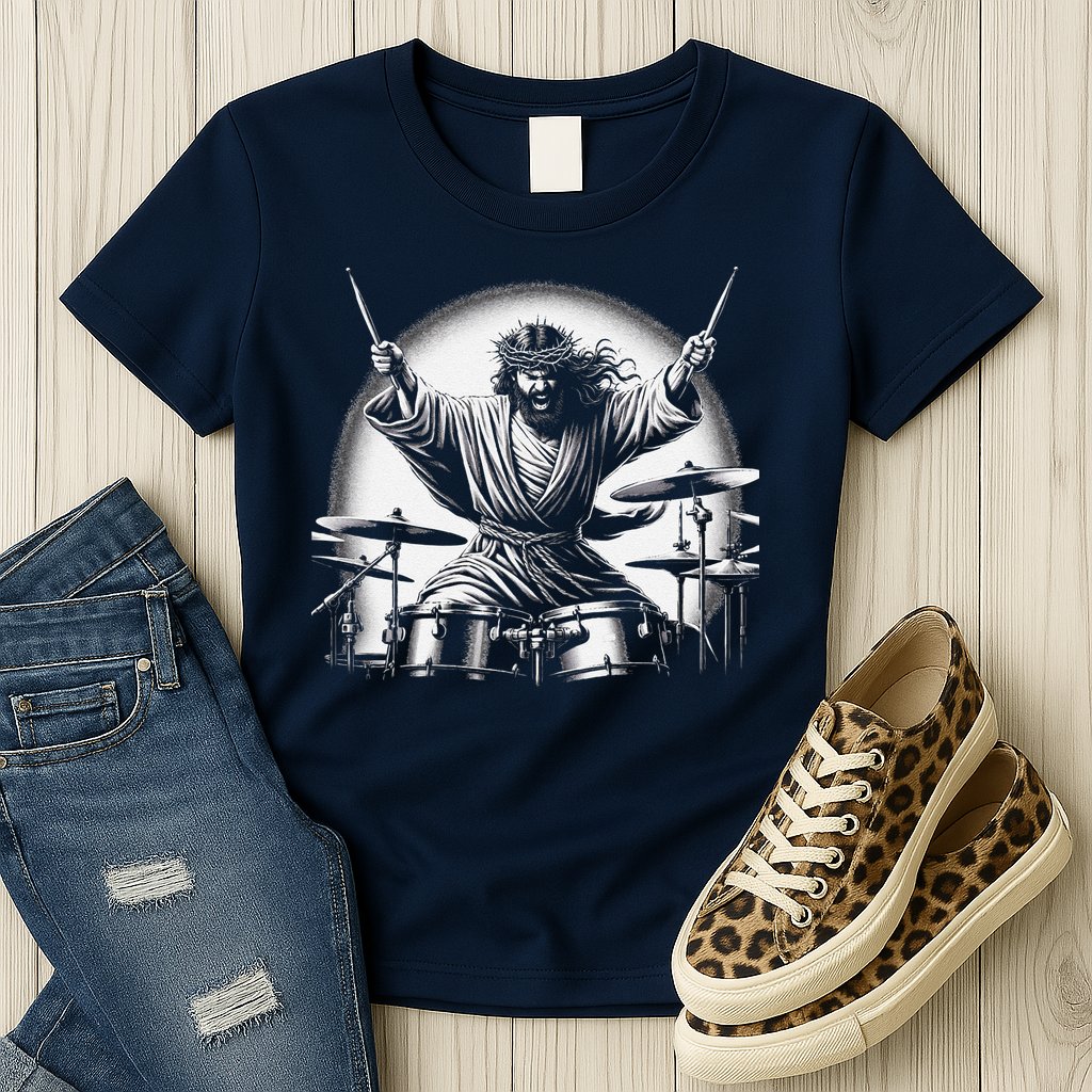 Drummer Rock Jesus Drumming Womens T-Shirt