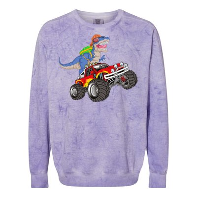 Dinosaur Riding Monster Truck Colorblast Crewneck Sweatshirt