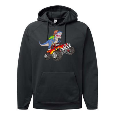 Dinosaur Riding Monster Truck Performance Fleece Hoodie