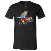 Dinosaur Riding Monster Truck V-Neck T-Shirt