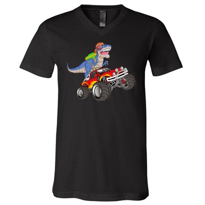 Dinosaur Riding Monster Truck V-Neck T-Shirt