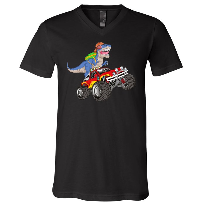 Dinosaur Riding Monster Truck V-Neck T-Shirt