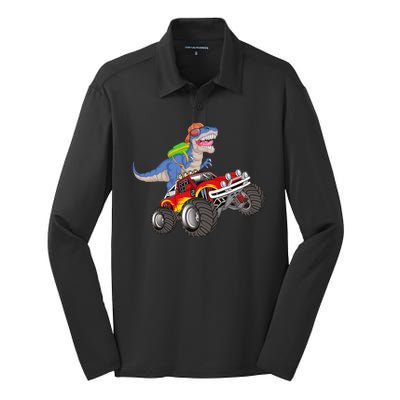 Dinosaur Riding Monster Truck Silk Touch Performance Long Sleeve Polo