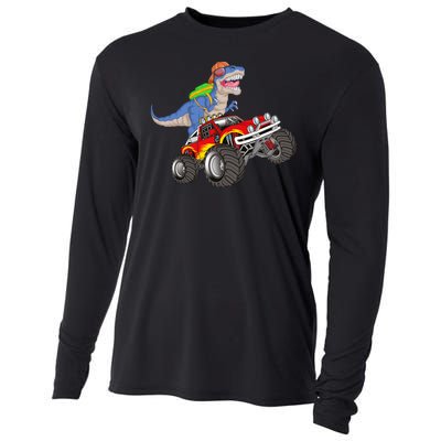 Dinosaur Riding Monster Truck Cooling Performance Long Sleeve Crew