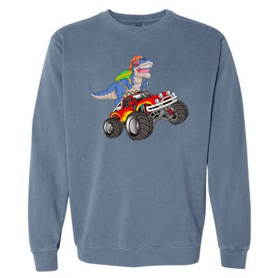 Dinosaur Riding Monster Truck Garment-Dyed Sweatshirt