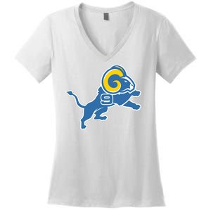 Detroit Rams Number 9 Women's V-Neck T-Shirt