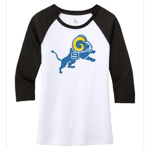 Detroit Rams Number 9 Women's Tri-Blend 3/4-Sleeve Raglan Shirt