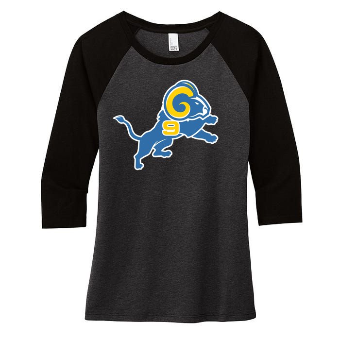 Detroit Rams Number 9 Women's Tri-Blend 3/4-Sleeve Raglan Shirt