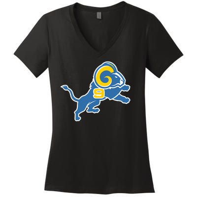 Detroit Rams Number 9 Women's V-Neck T-Shirt