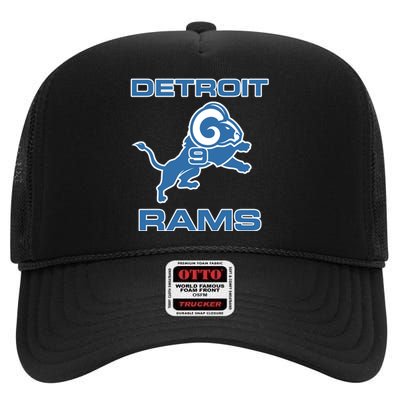 Detroit Rams Number 9 Funny Lions High Crown Mesh Back Trucker Hat