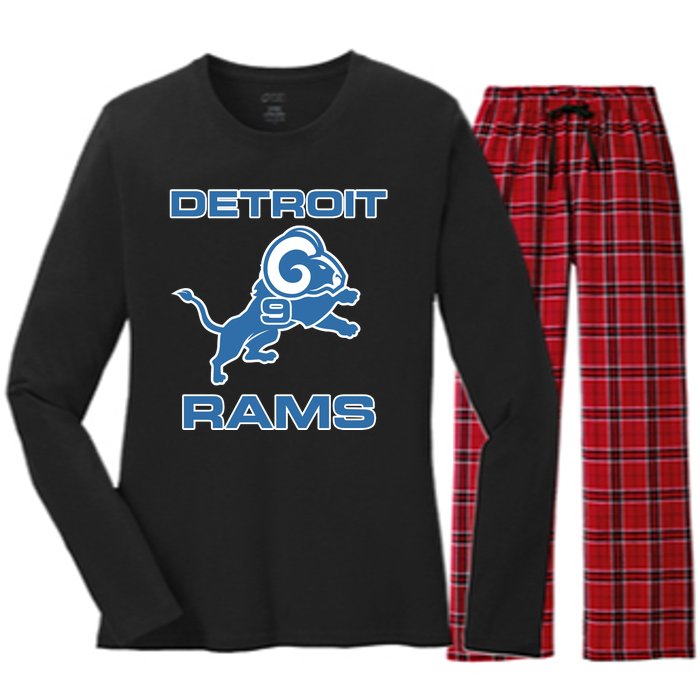 Detroit Rams Number 9 Funny Lions Women's Long Sleeve Flannel Pajama Set 