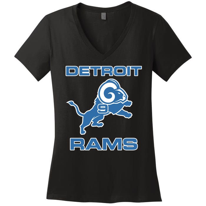 Detroit Rams Number 9 Funny Lions Women's V-Neck T-Shirt