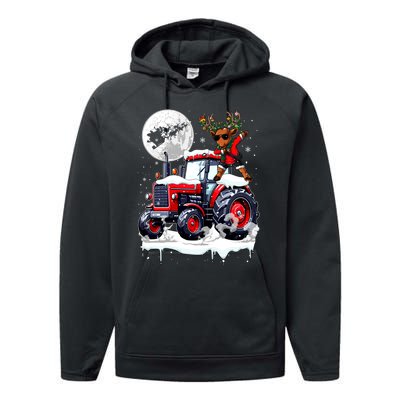 Dabbing Reindeer On Tractor Christmas Driver Lover Performance Fleece Hoodie