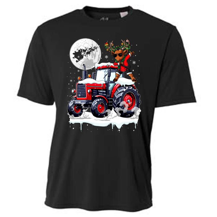 Dabbing Reindeer On Tractor Christmas Driver Lover Cooling Performance Crew T-Shirt