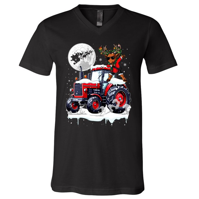 Dabbing Reindeer On Tractor Christmas Driver Lover V-Neck T-Shirt