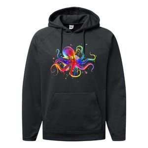 Dripping Rainbow Octopus Psychedelic Colorful Octopus Performance Fleece Hoodie