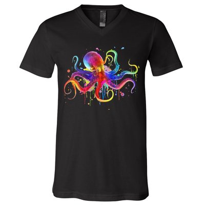 Dripping Rainbow Octopus Psychedelic Colorful Octopus V-Neck T-Shirt