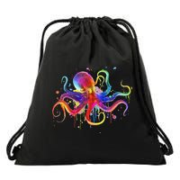Dripping Rainbow Octopus Psychedelic Colorful Octopus Drawstring Bag