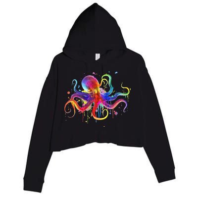 Dripping Rainbow Octopus Psychedelic Colorful Octopus Crop Fleece Hoodie