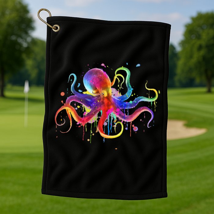 Dripping Rainbow Octopus Psychedelic Colorful Octopus Golf Towel